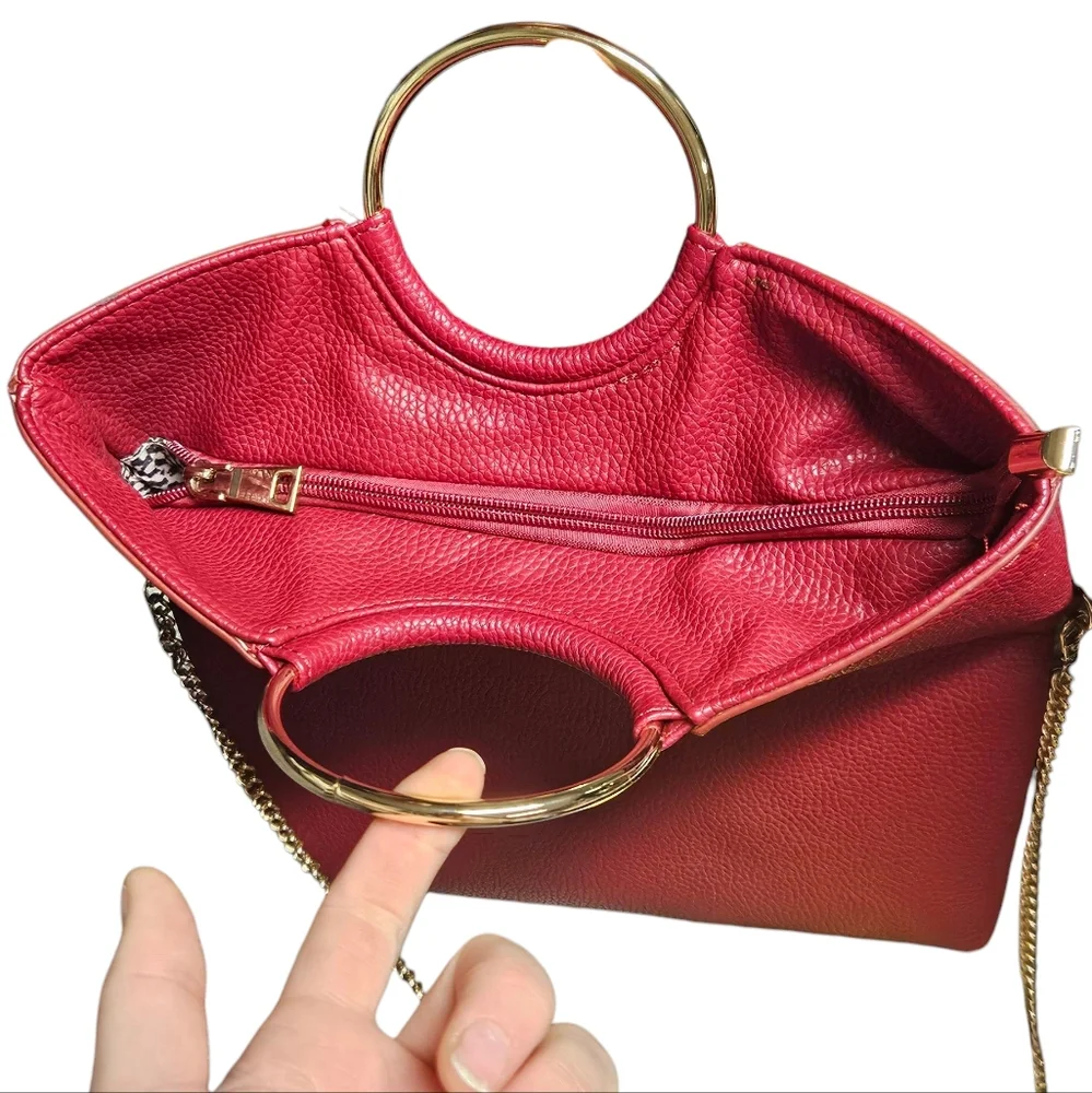 Urban Expressions Red Vegan Leather Handbag with Gold Ring Handles & Chain Strap